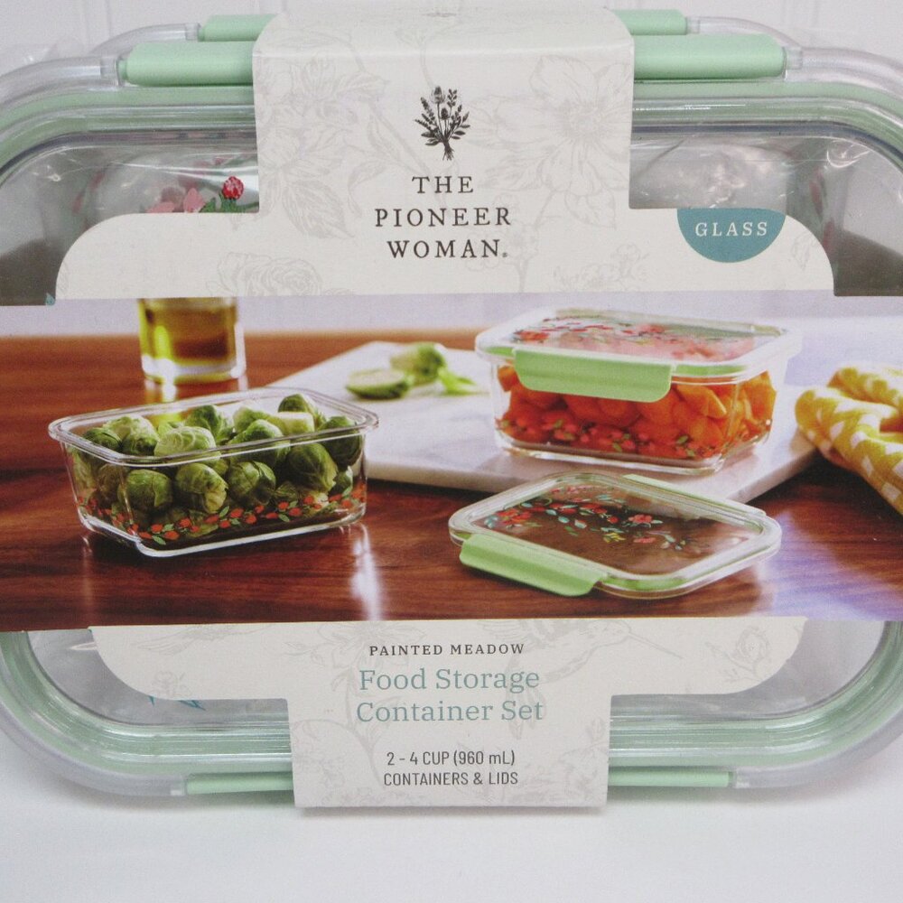 Pioneer Woman Painted Meadow Food Storage Containers Glass 4cup Set of 2 Green